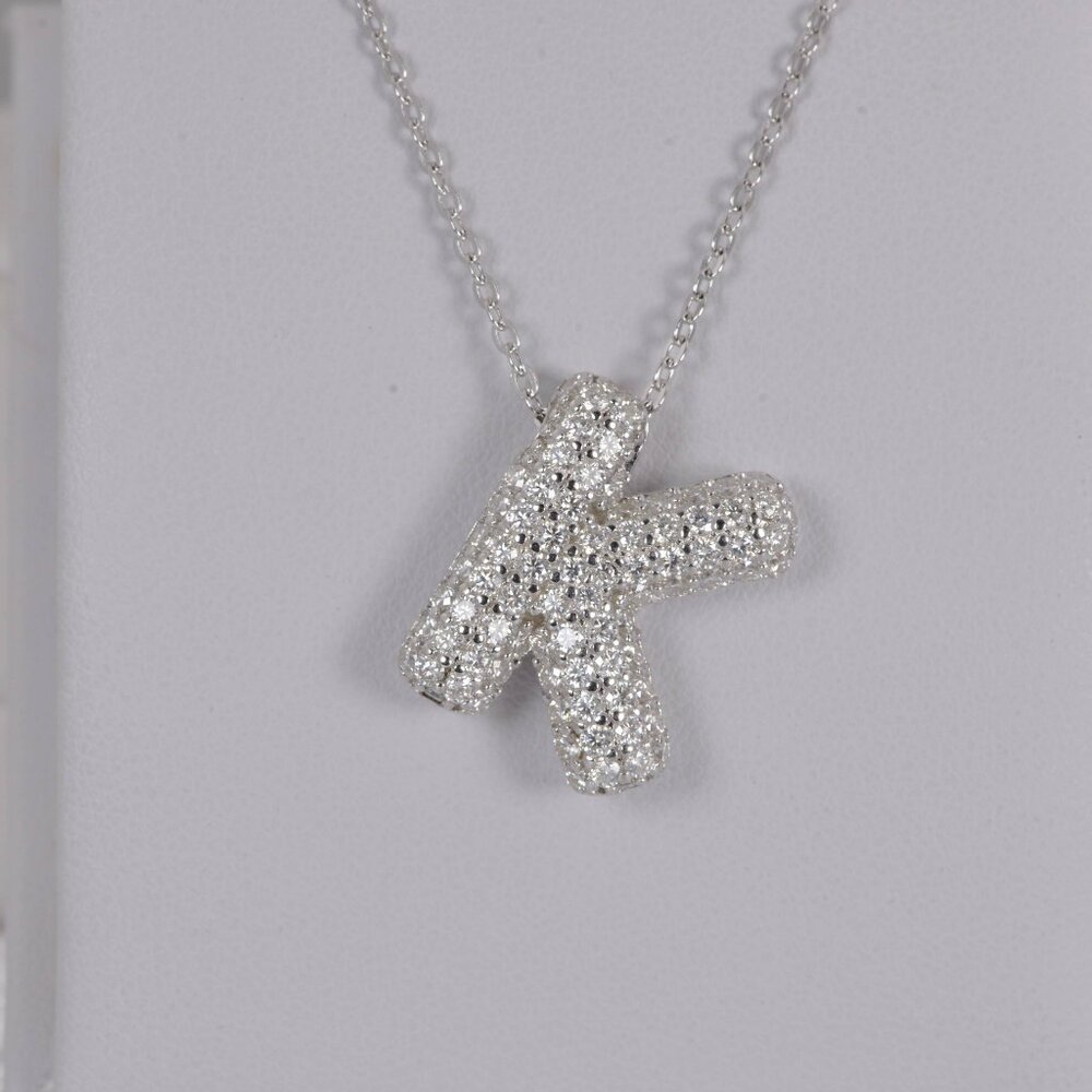 Certified all Moissanite Bubble "K" Initial Pendant 925 Sterling Silver